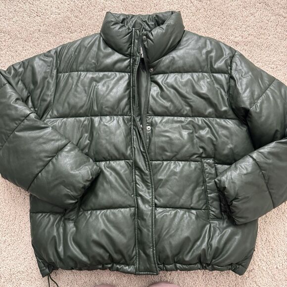 A New Day Faux Leather Puffer Coat Green- Size Large - Picture 2 of 4